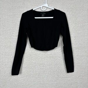 House of Harlow 1960‎ Top Womens Sm Black Long Sleeve Ribbed Knit Stretch Crop